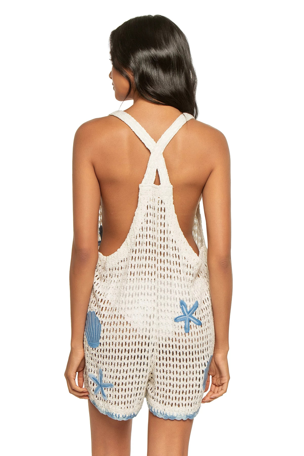 WHITE W/ TONAL BLUES Seashell Crochet Romper Cover Up image number 2