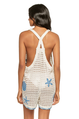 WHITE W/ TONAL BLUES Seashell Crochet Romper Cover Up