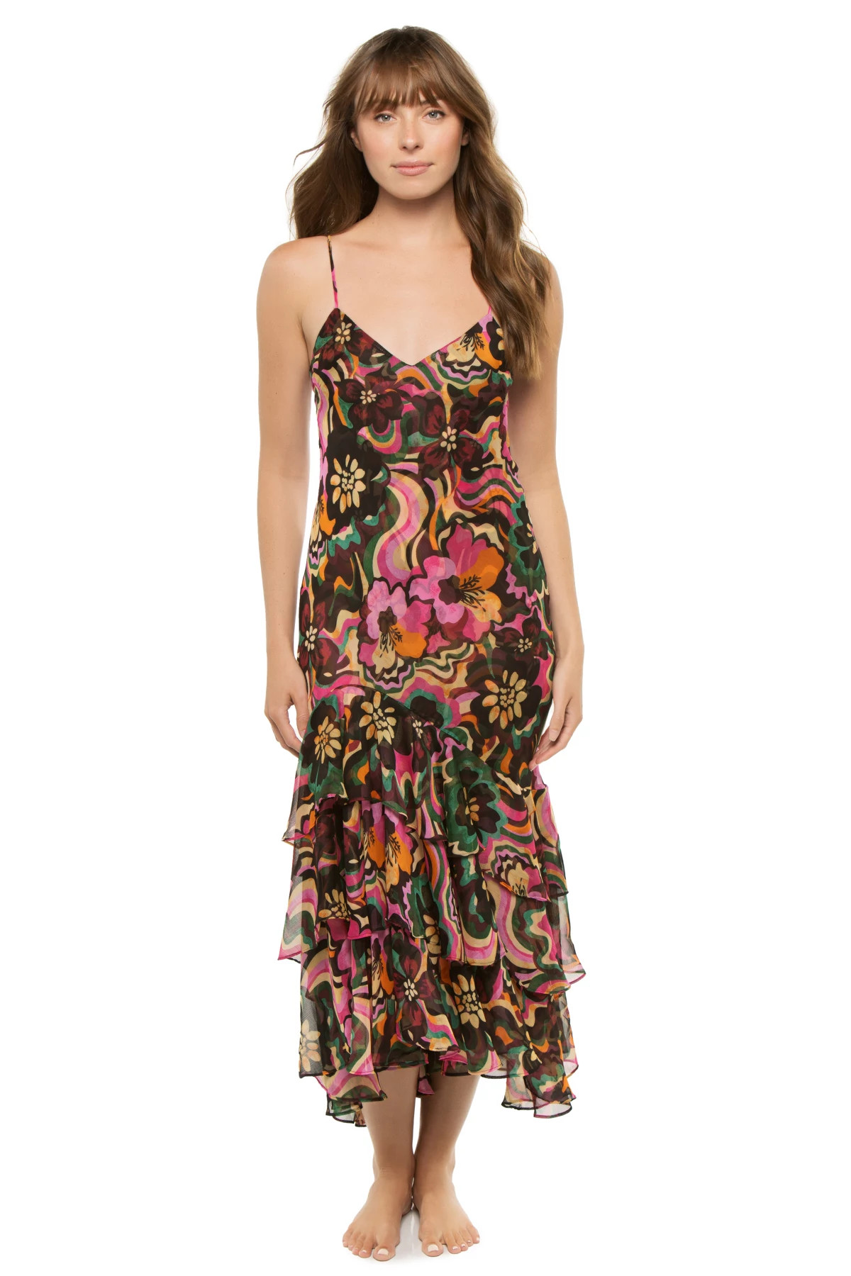 FLORA GROOVE CHIFFON Marisa Floral Ruffle Midi Dress image number 1