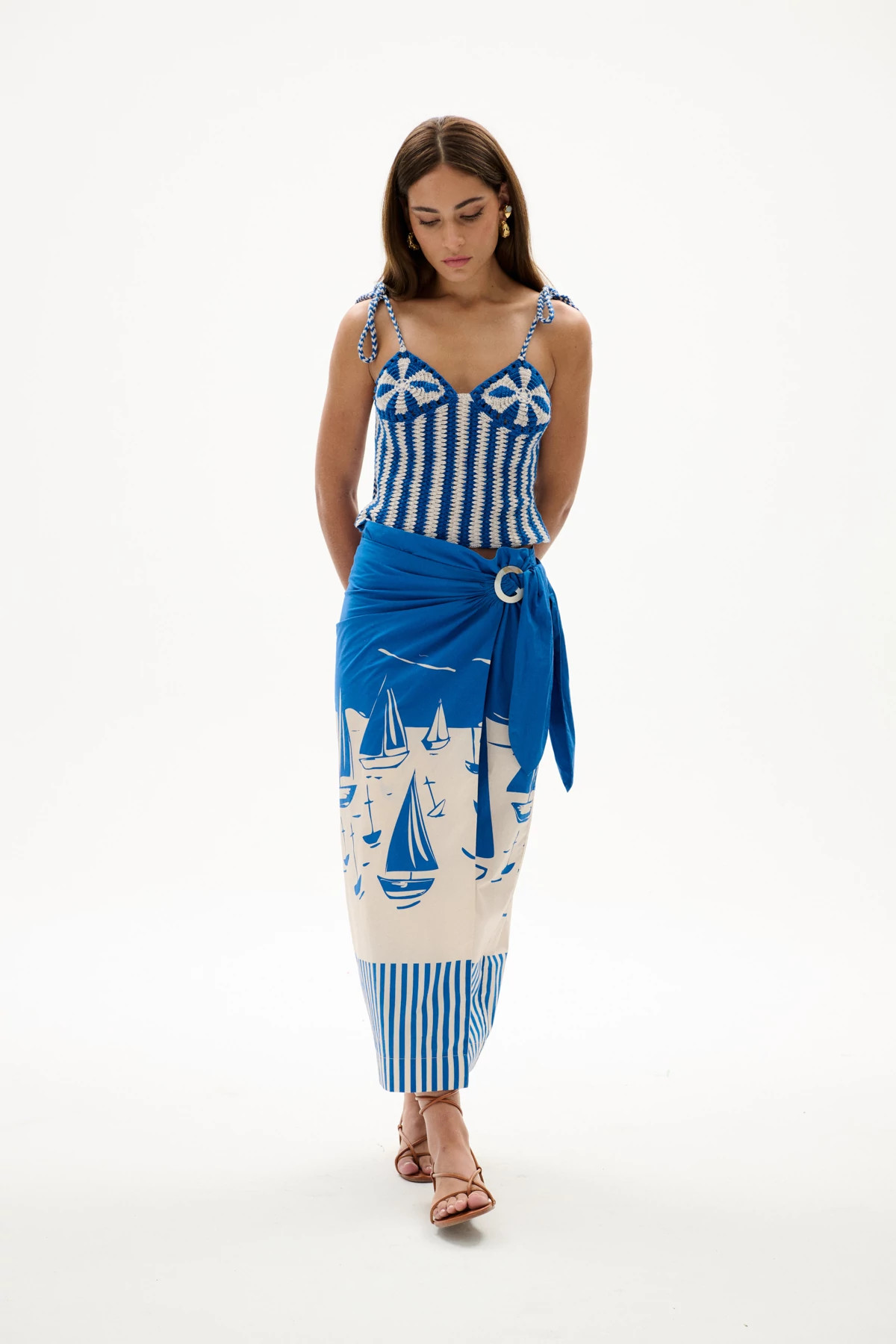 SAILBOATS Loren Cotton Sailboat Print Midi Skirt image number 5
