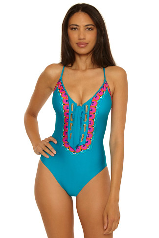 ELYSIAN TEAL Lace Up Front One Piece Swimsuit