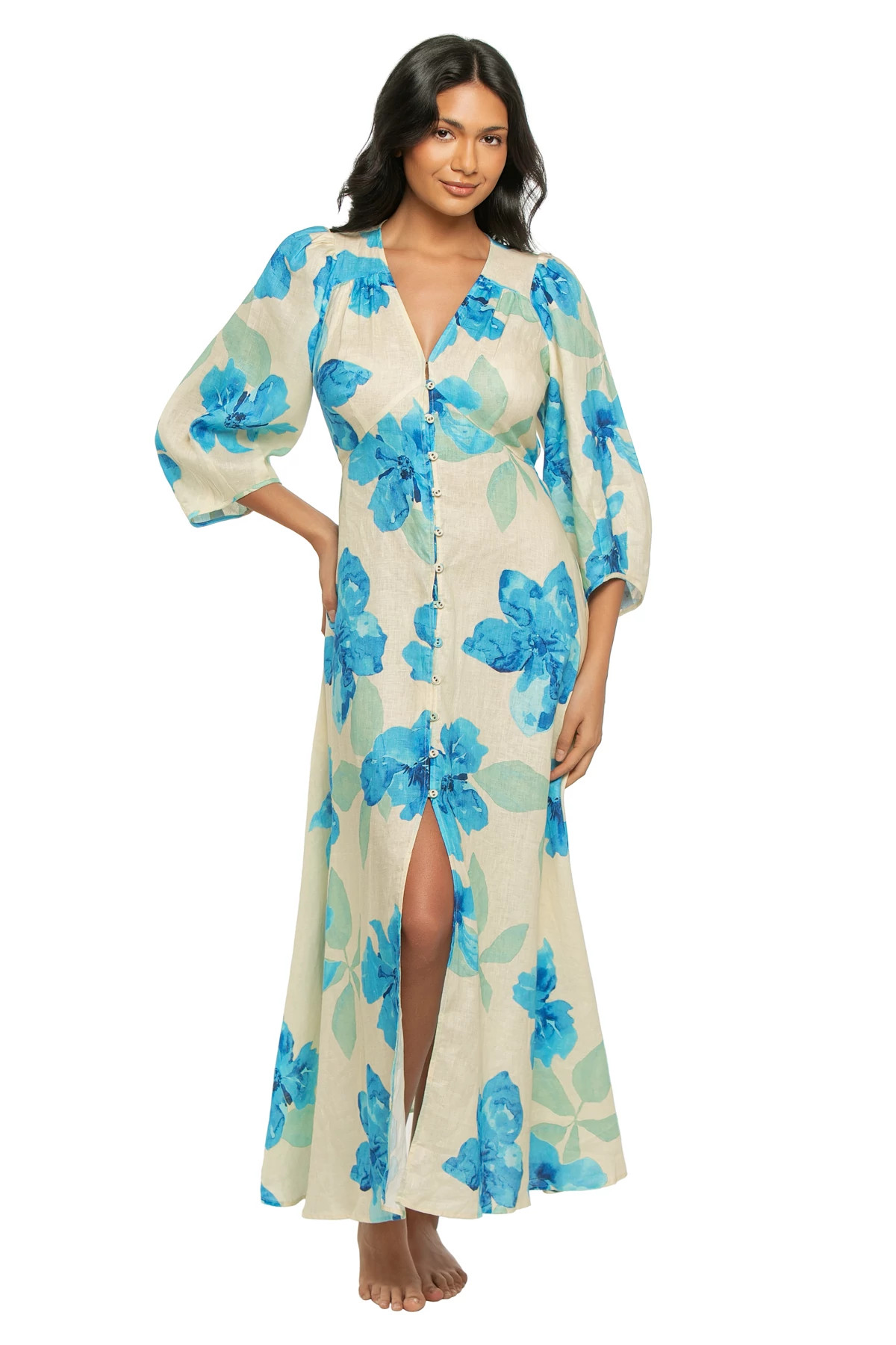 YELLOW BLUE Sophie Linen Maxi Dress image number 1