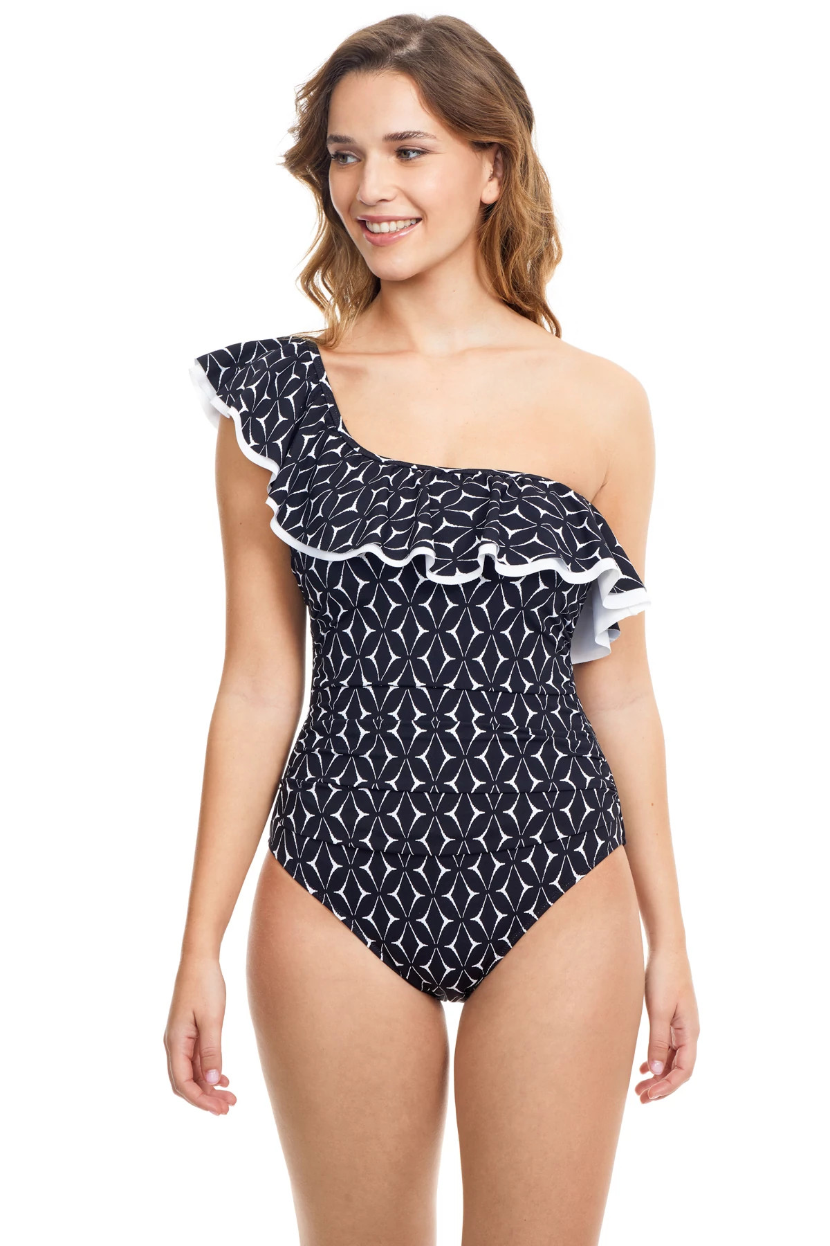 NAVY/WH Ruffle Asymmetrical One Piece Swimsuit image number 1