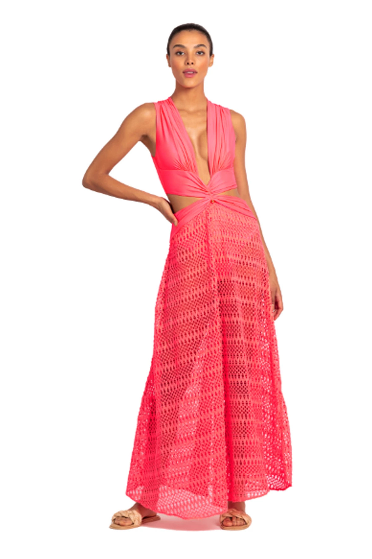 NEON CORAL Plunge Crochet Beach Dress image number 1