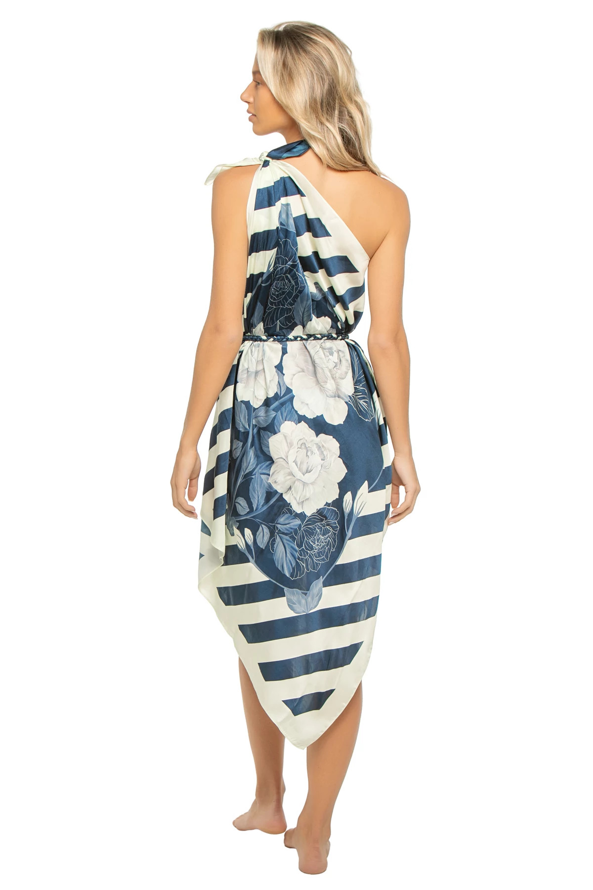 IVORY/NAVY ROSES Asymmetrical Multi-Way Scarf Maxi Dress image number 2