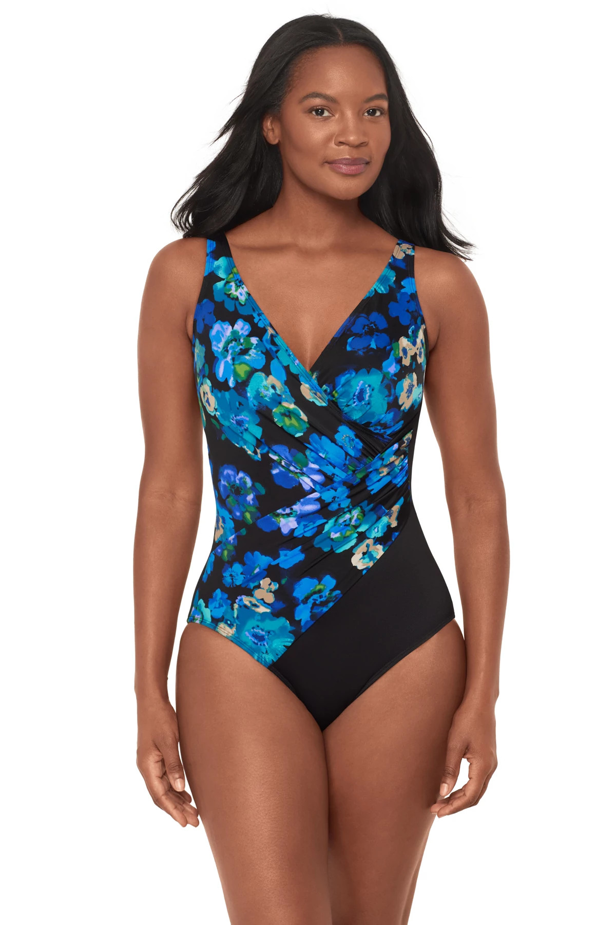 BLACK/MULTI Oceanus Draped One Piece Swimsuit image number 1
