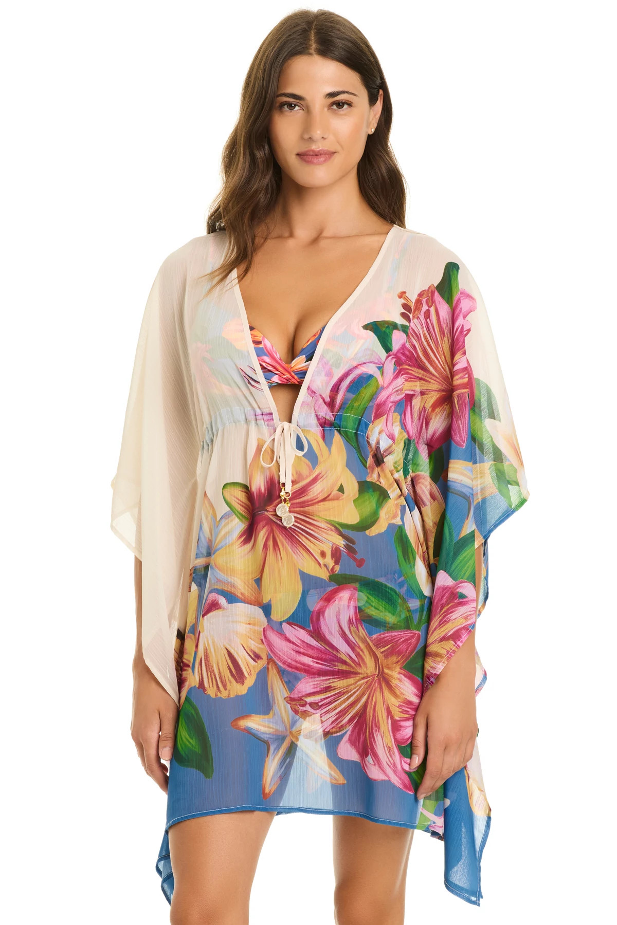 DRIFT BLEU Floral Chiffon Plunge Caftan Cover Up image number 1