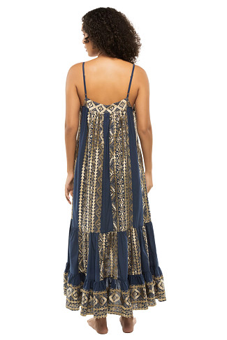 NAVY BLUE GOLD Embroidered Metallic Midi Dress