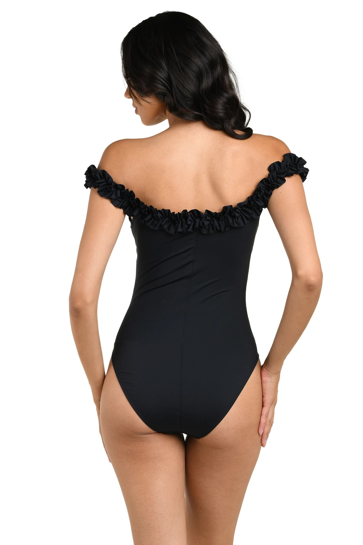 BLACK Ruffled Off Shoulder One Piece Swimsuit image number 2