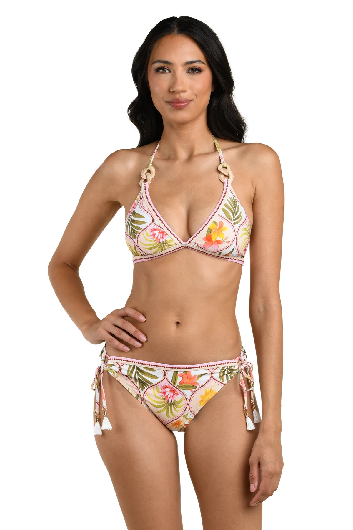 MULTI Floral Raffia Ring Halter Bikini Top image number 1