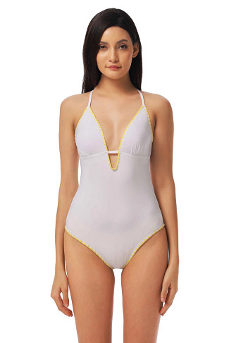 WHITE Embroidered Plunge One Piece Swimsuit