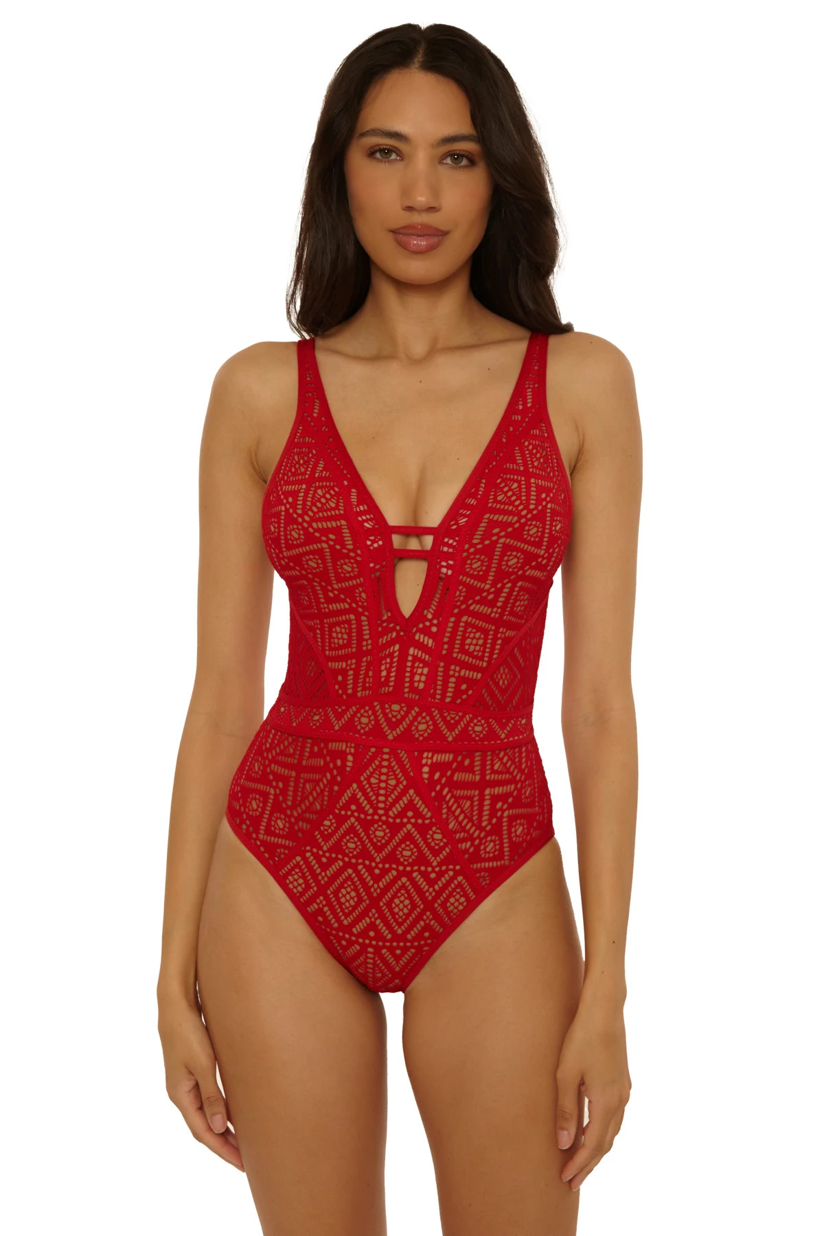 APPLE/TAN Show & Tell Plunge One Piece Swimsuit image number 1