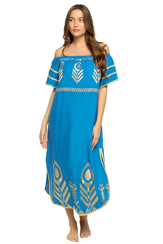 BLUE RAF GOLD Metallic Embroidered Linen Midi Dress