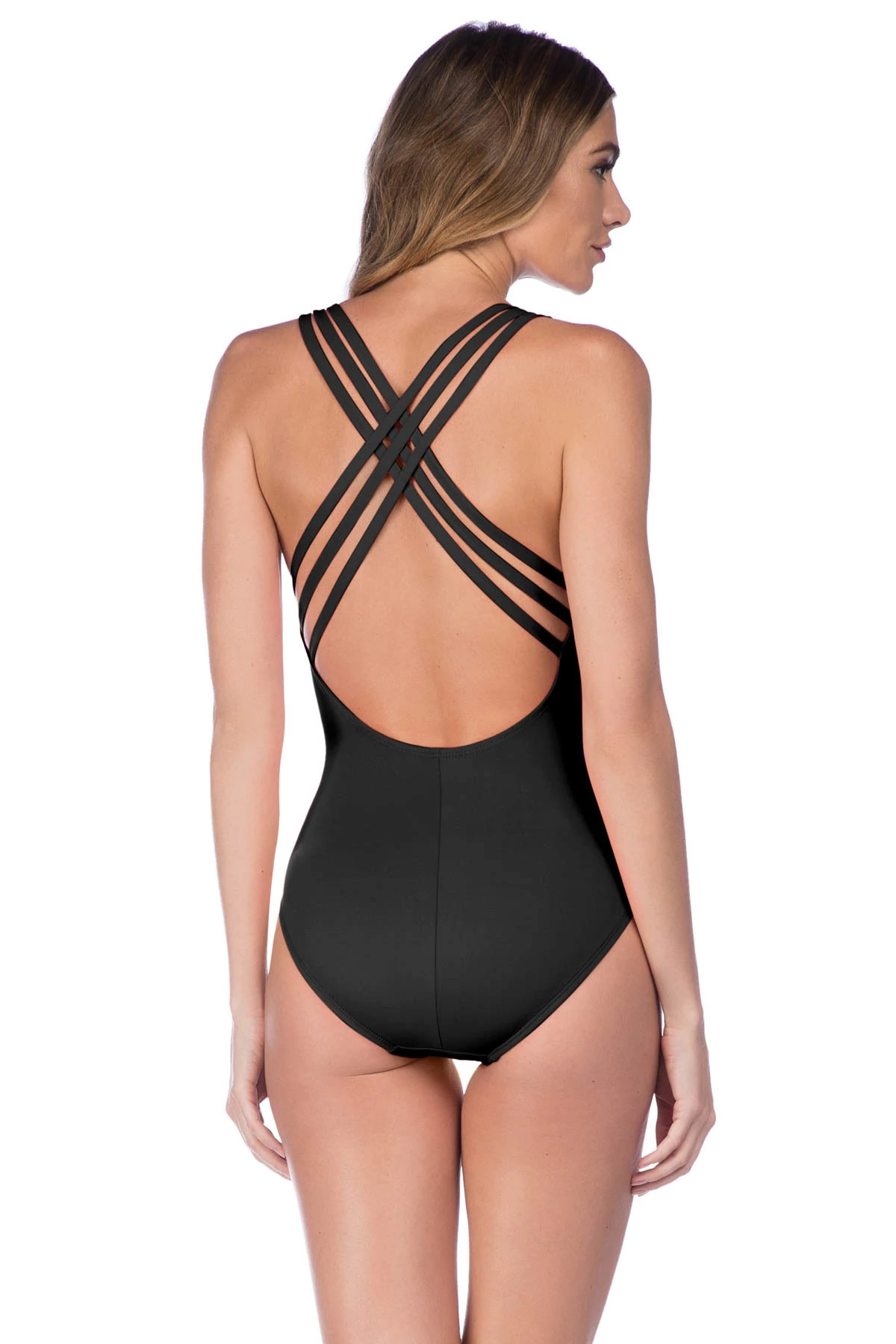 BLACK V-Neck Over The Shoulder One Piece Swimsuit image number 2