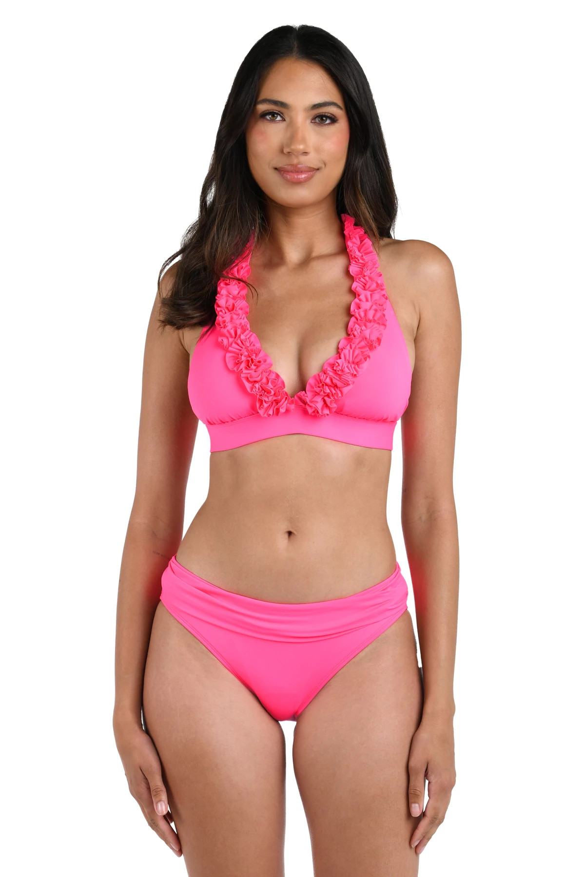 BRIGHT PINK Ruffle Banded Triangle Bikini Top image number 1
