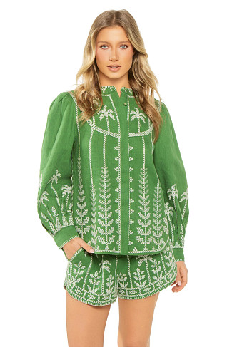 GREEN Linen Cross-Stitch Embroidered Blouse
