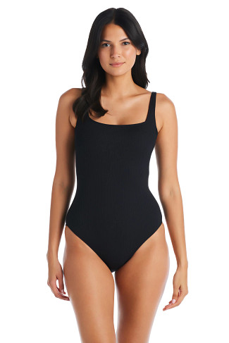 BLACK Square Neck Ribbed One Piece Swimsuit