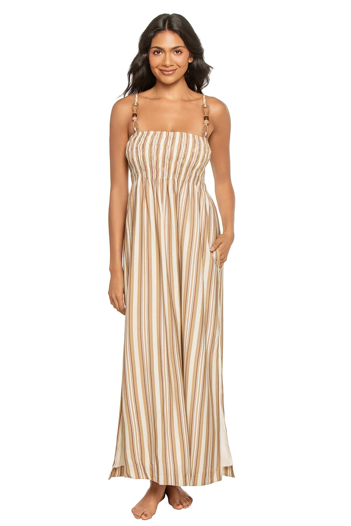 EARTHY STRIPE Abigail Striped Smocked Maxi Dress image number 1