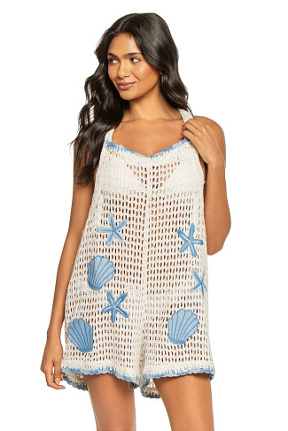 WHITE W/ TONAL BLUES Seashell Crochet Romper Cover Up