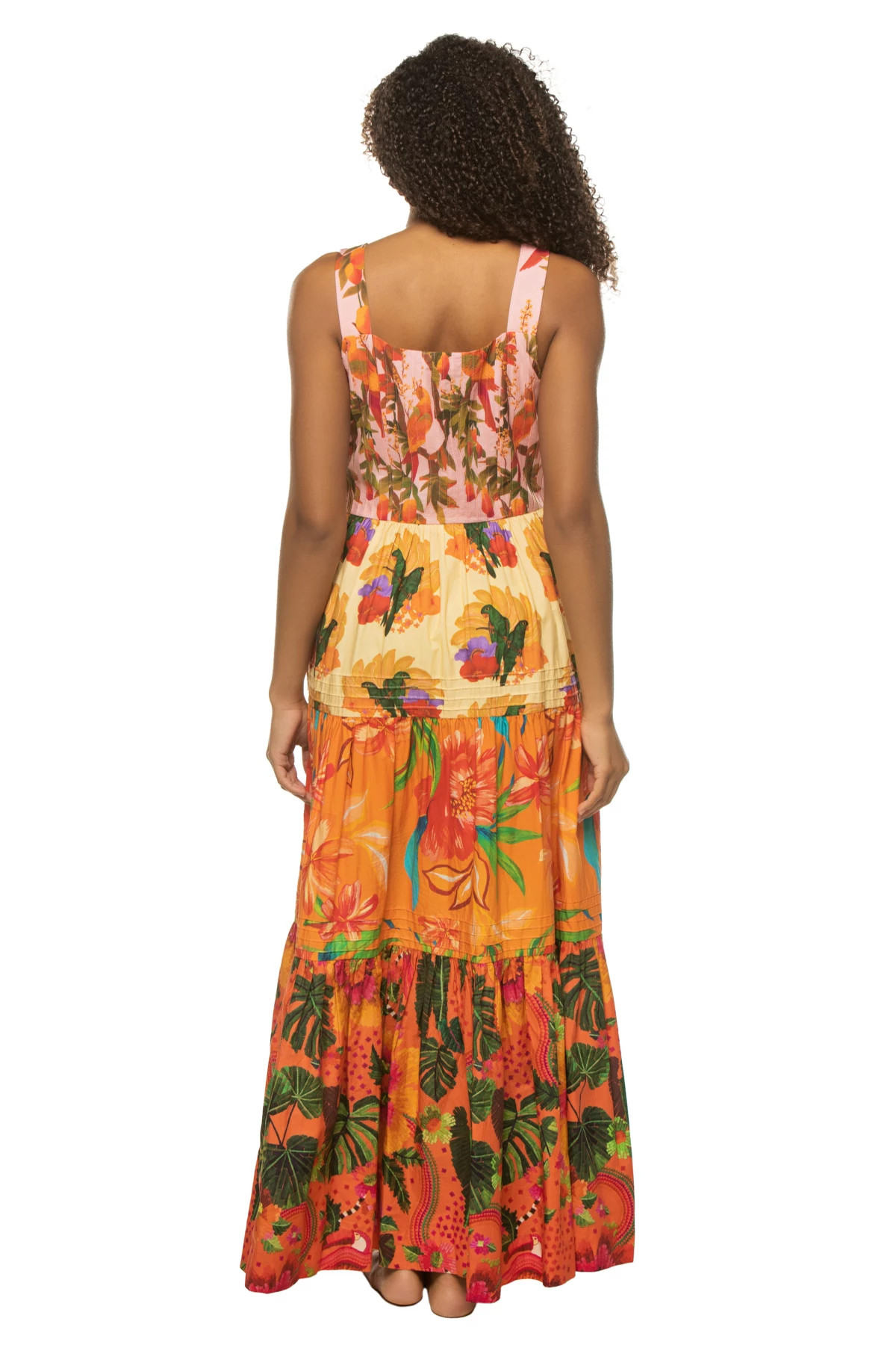 Farm Rio Dark Mixed Prints Tiered Maxi Dress Straps