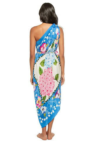 BLUE AND IVORY HYDRANGEA SCARF One Shoulder Bemberg Satin Maxi Dress