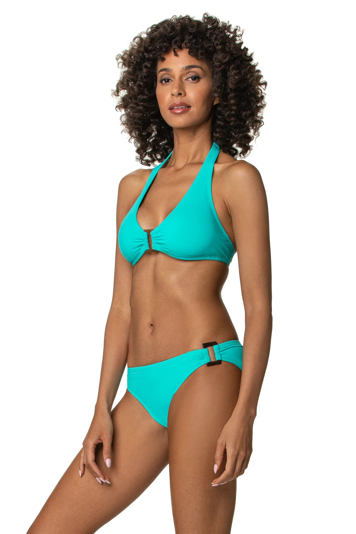 SEAFOAM AQUA Textured Ring Front Halter Bikini Top image number 3