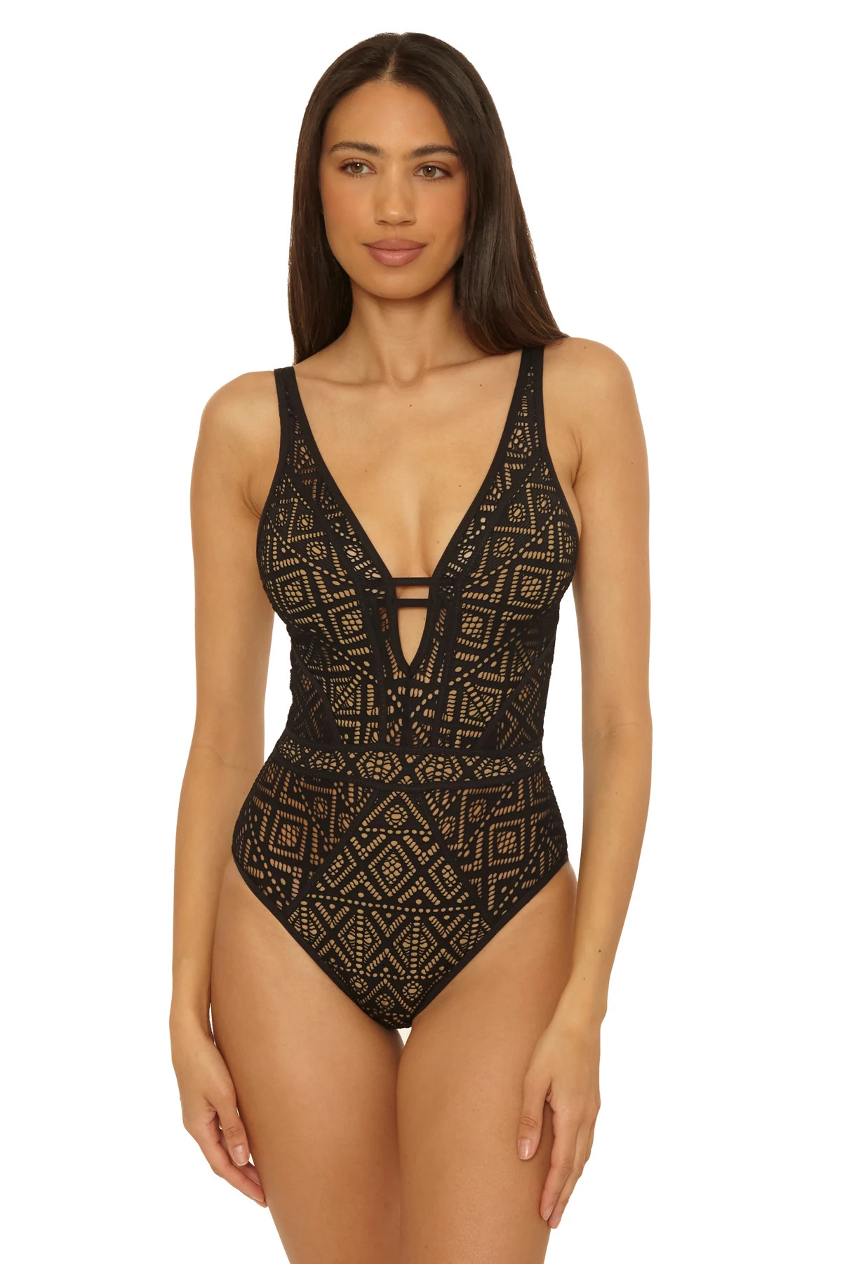 BLACK/TAN Show & Tell Plunge One Piece Swimsuit image number 1