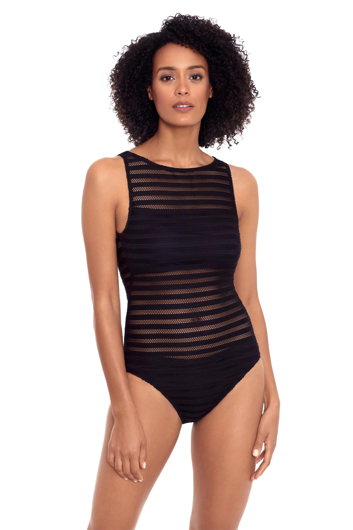 BLACK Mesh High Neck One Piece Swimsuit image number 1