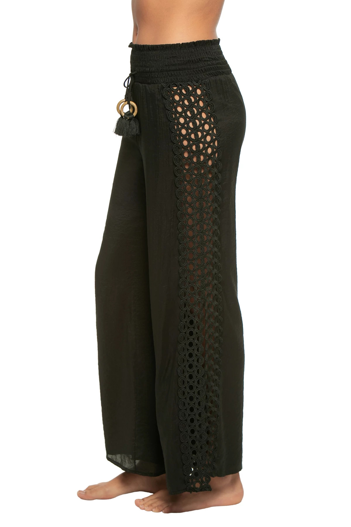 BLACK Crochet Inset Smocked Wide Leg Pants image number 3