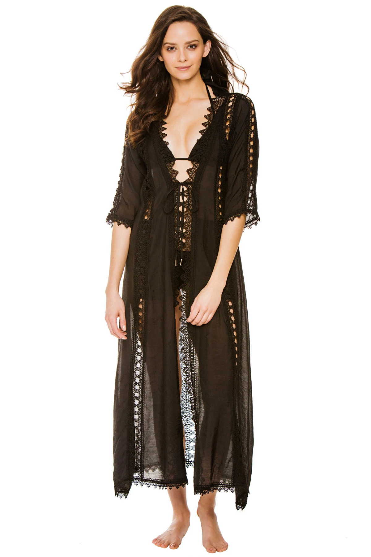 BLACK Crochet Long Cover Kimono image number 3