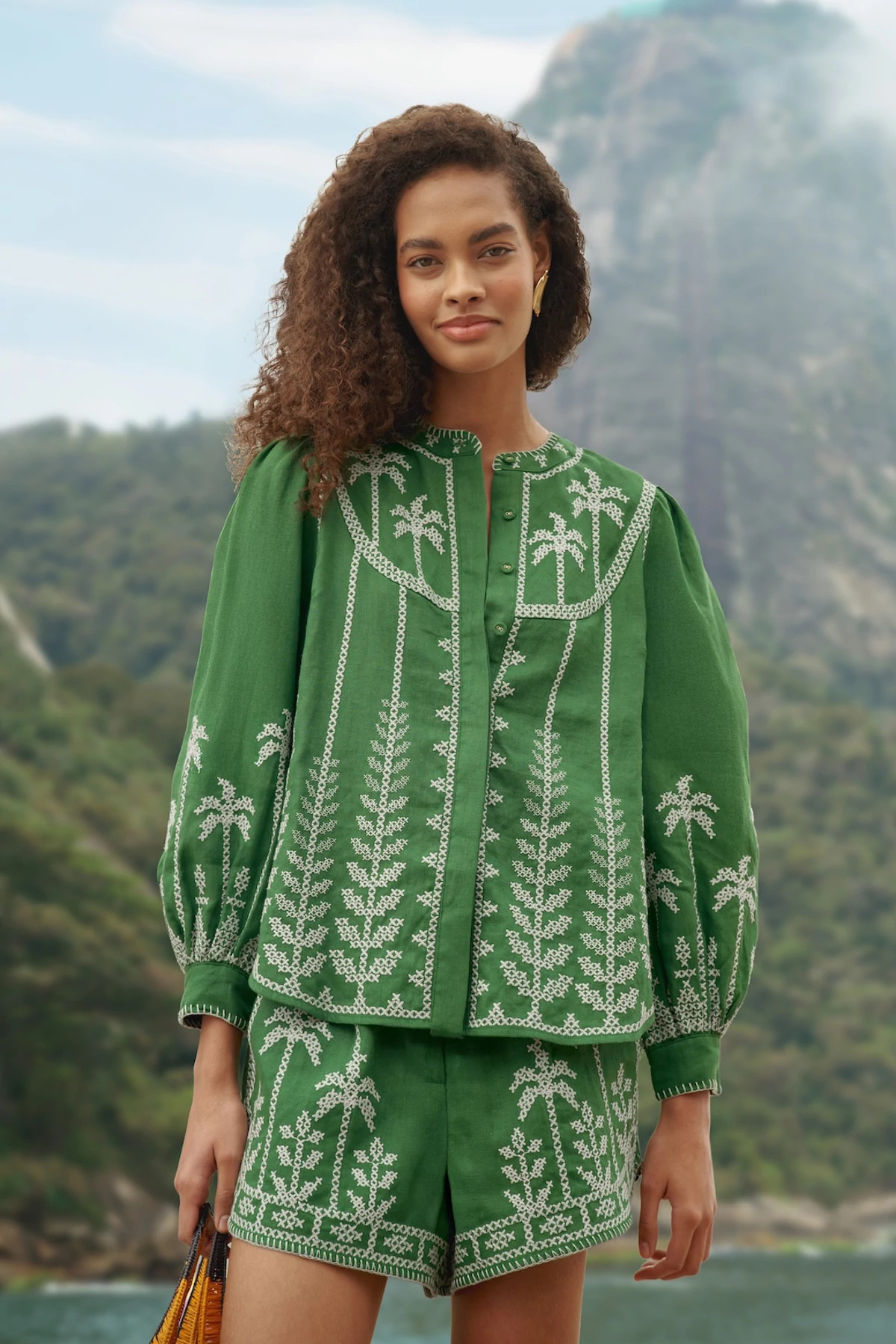 GREEN Linen Cross-Stitch Embroidered Blouse image number 3