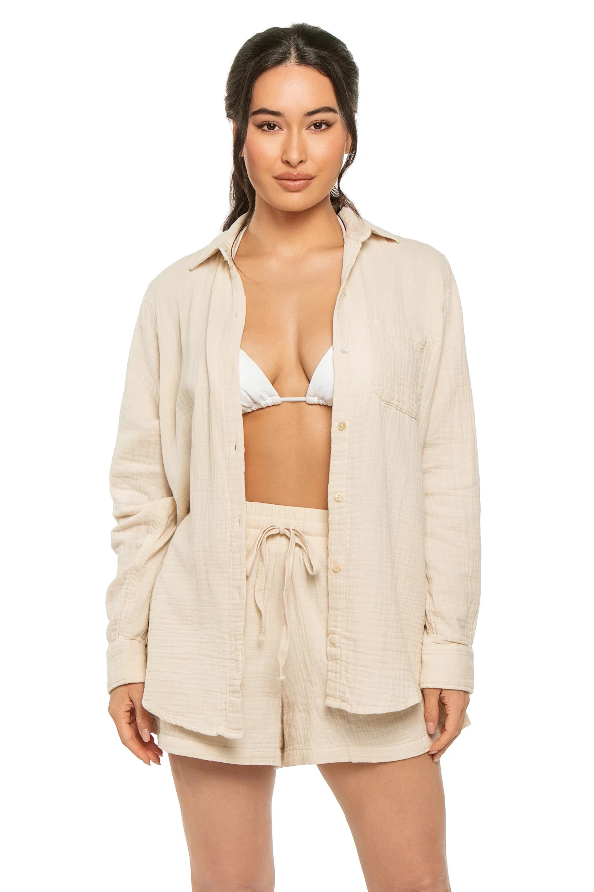 NATURAL Button Down Cover Up Shirt Dress image number 3