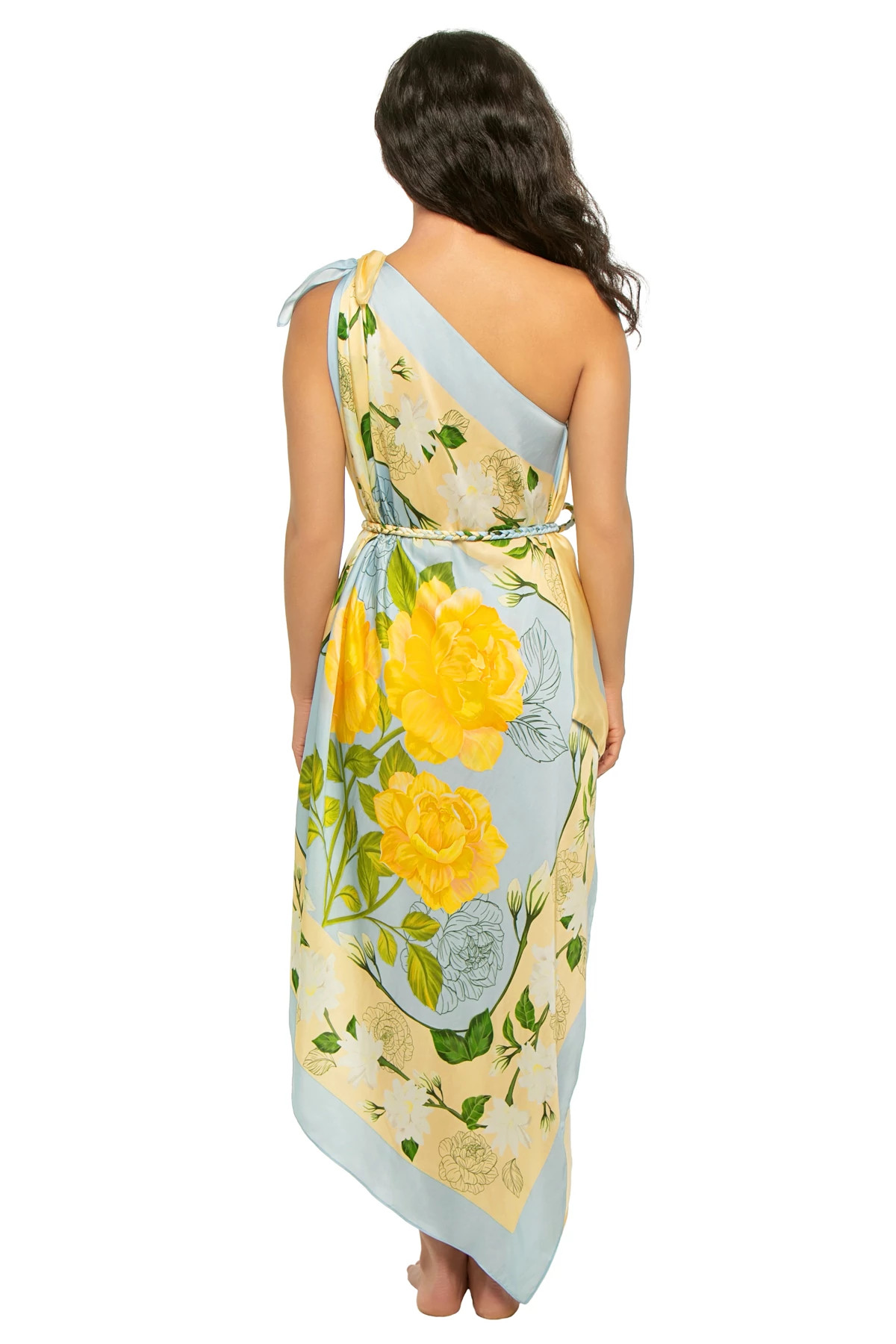 ICE BLUE/YELLOW STRIPE Asymmetrical Multi-Way Scarf Midi Dress image number 2