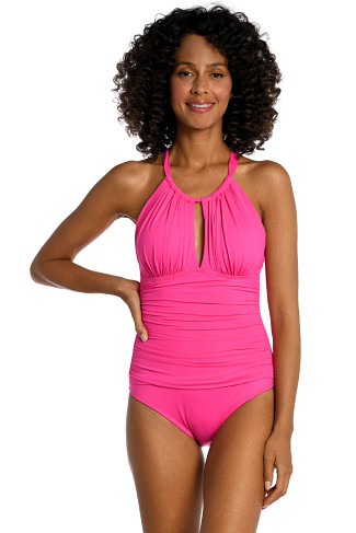 POP PINK Keyhole High Neck One Piece Swimsuit