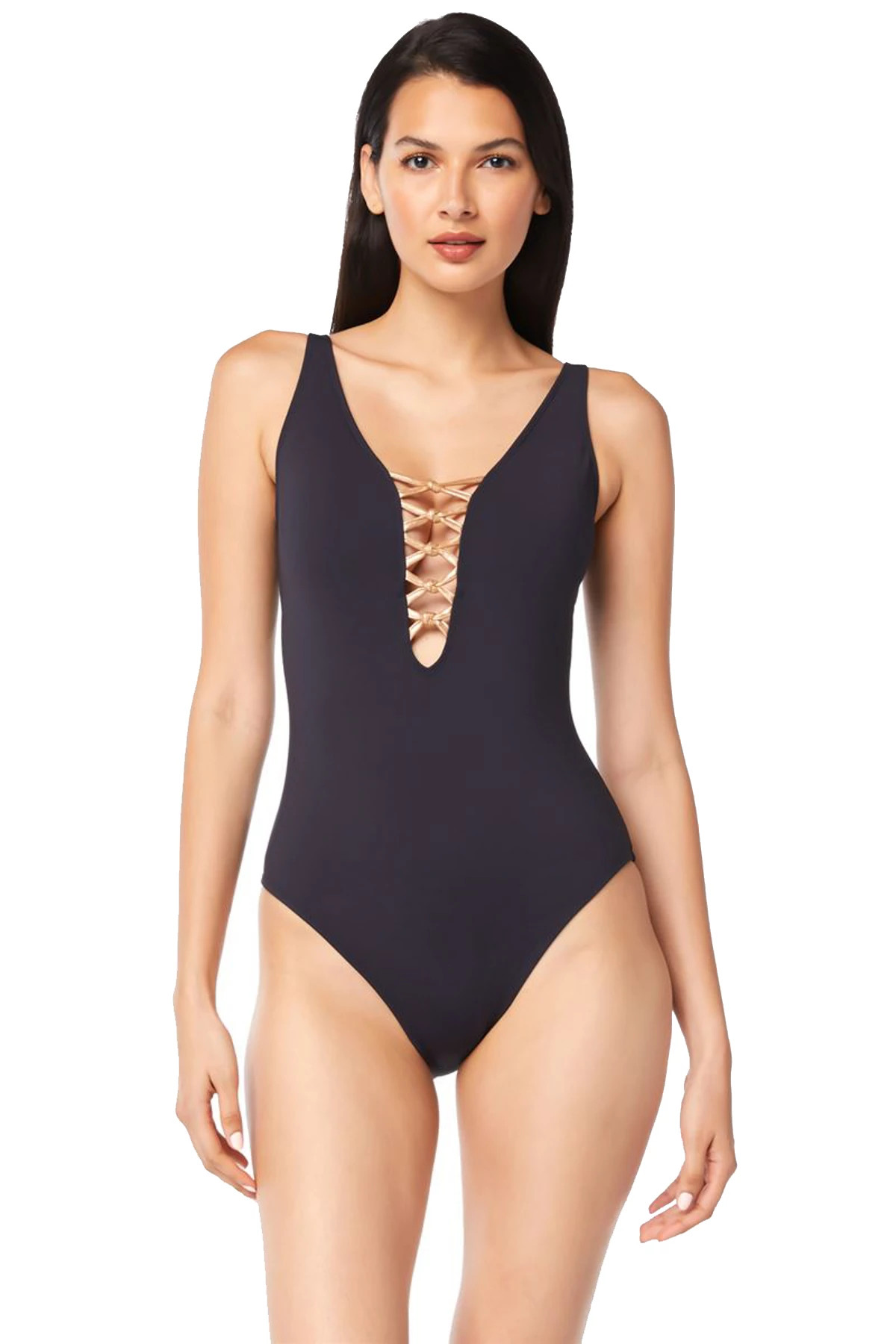 BLACK/ROSE GOLD Lace Up Plunge One Piece Swimsuit image number 1