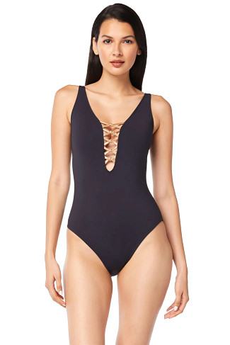BLACK/ROSE GOLD Lace Up Plunge One Piece Swimsuit