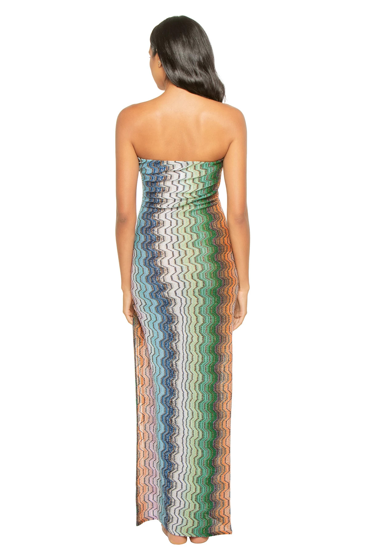 MULTI BLACK GREEN ORANGE Chevron Knit Strapless Maxi Dress image number 2