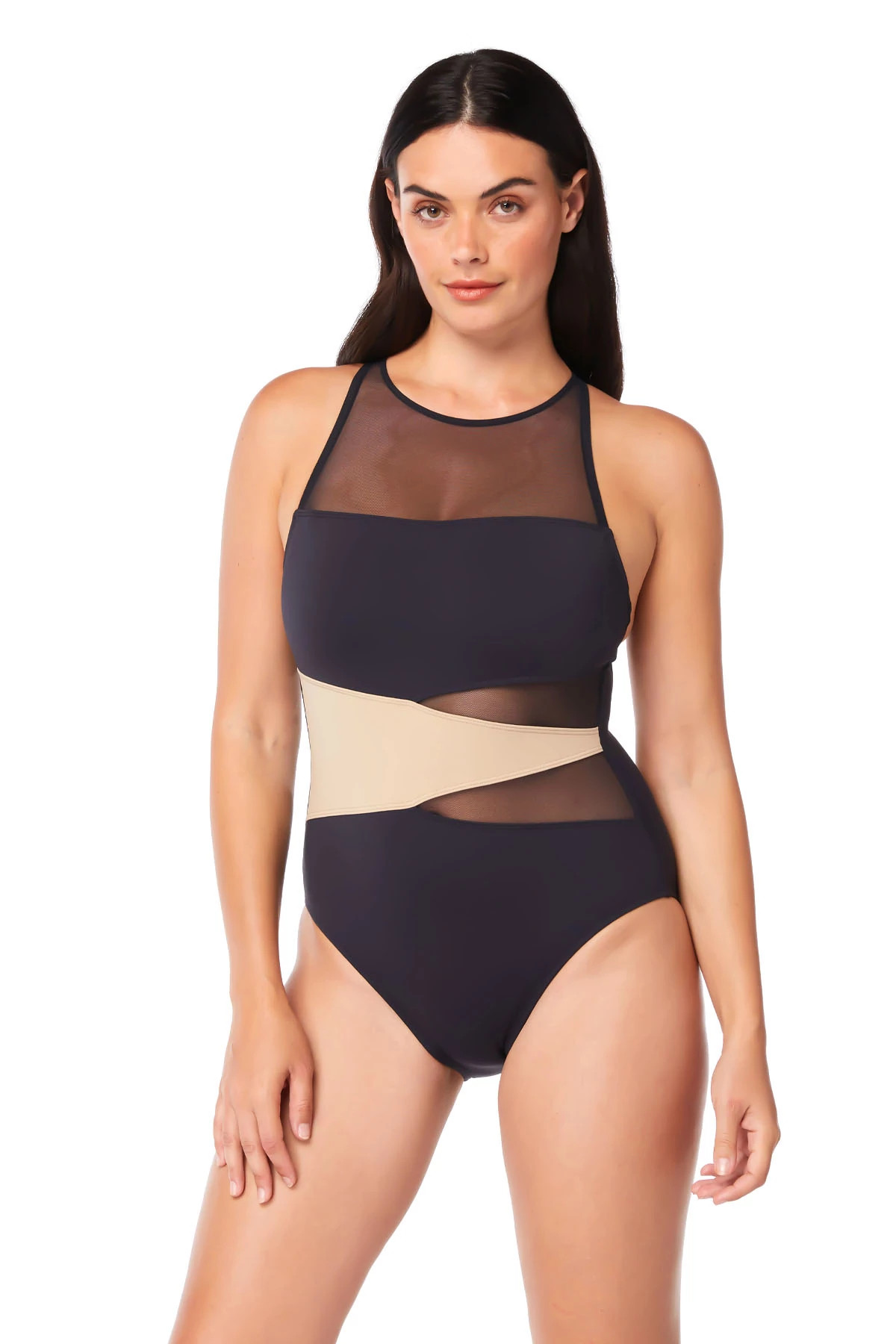 BLACK/SAND Mesh High Neck One Piece Swimsuit image number 1