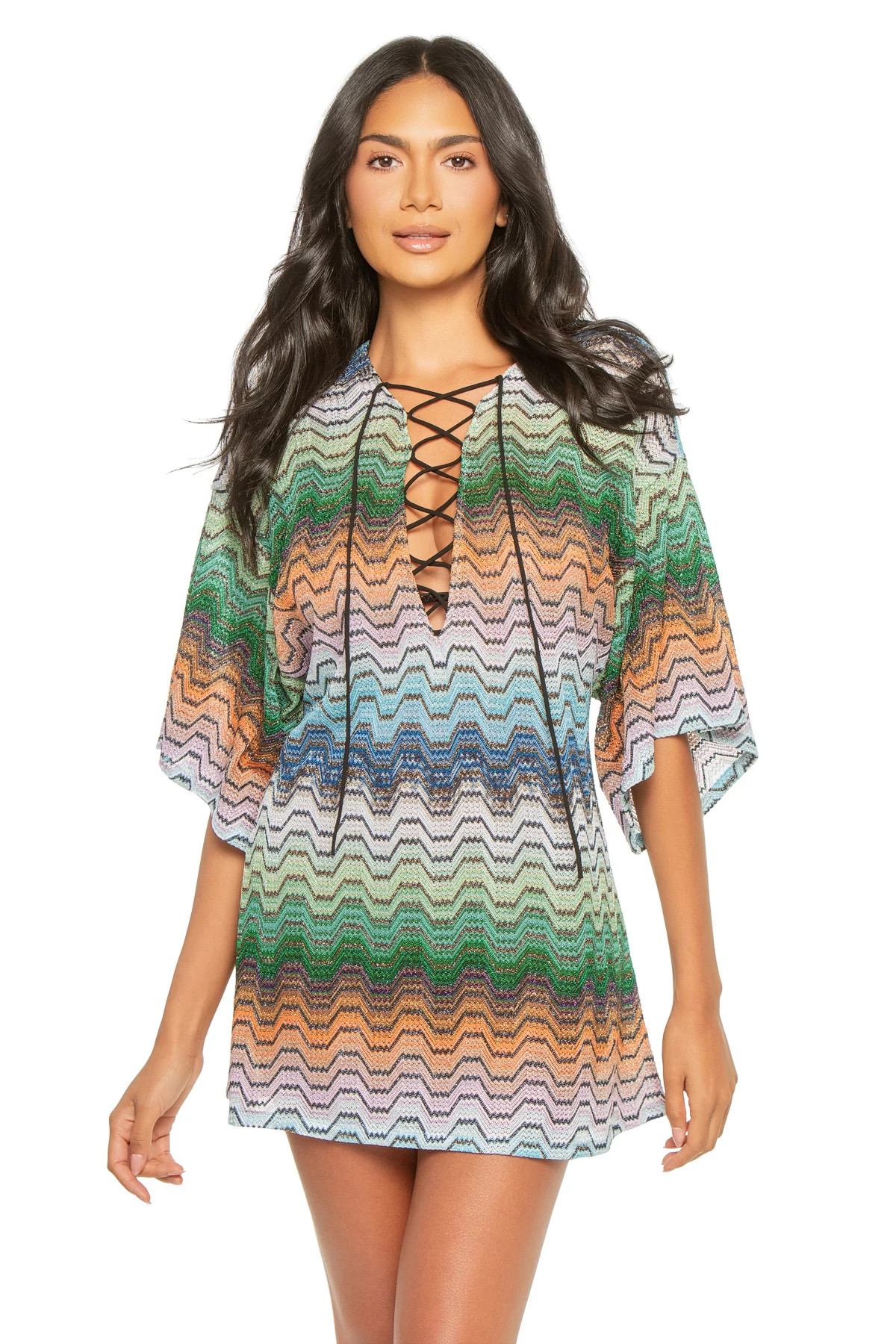 MULTI BLACK GREEN ORANGE Chevron Lace-Up Plunge Mini Dress image number 1