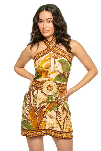 FOLIAGE SKETCH SAND Foliage Sketch Linen Mini Dress