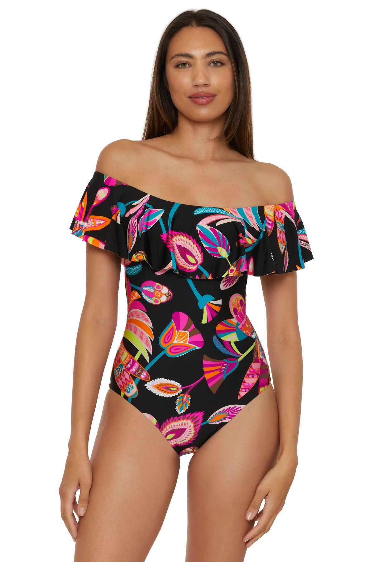 MULTI Off The Shoulder Ruffle One Piece Swimsuit image number 1