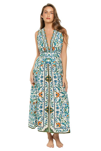 FLORA TILE OFF-WHITE Flora Tile Plunge Midi Dress