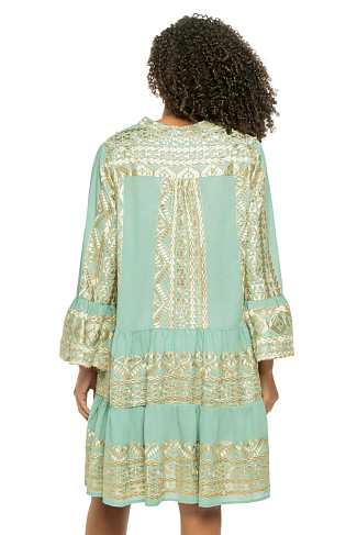 SEA GREEN GOLD Embroidered Metallic Linen Mini Dress