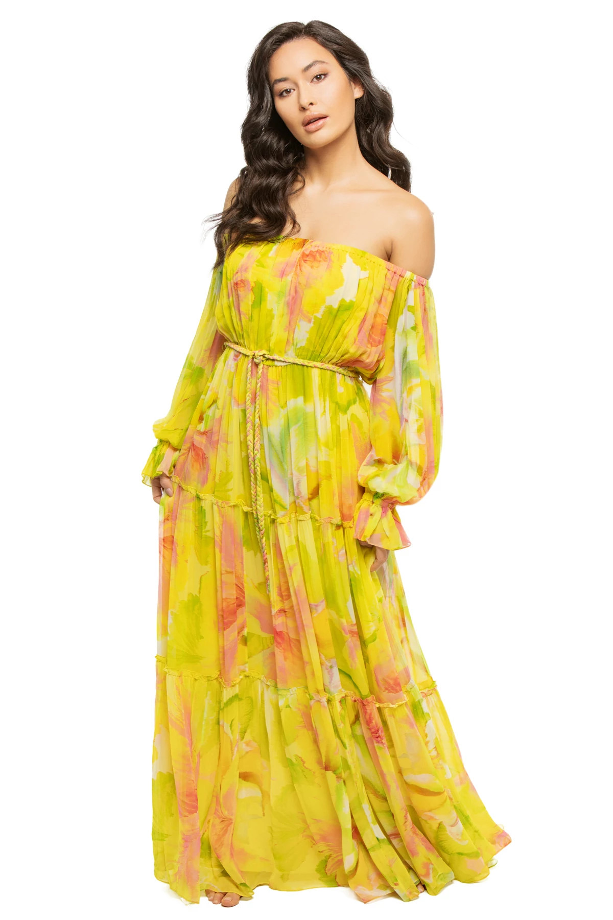 YELLOW FLORAL Off The Shoulder Maxi Dress image number 1