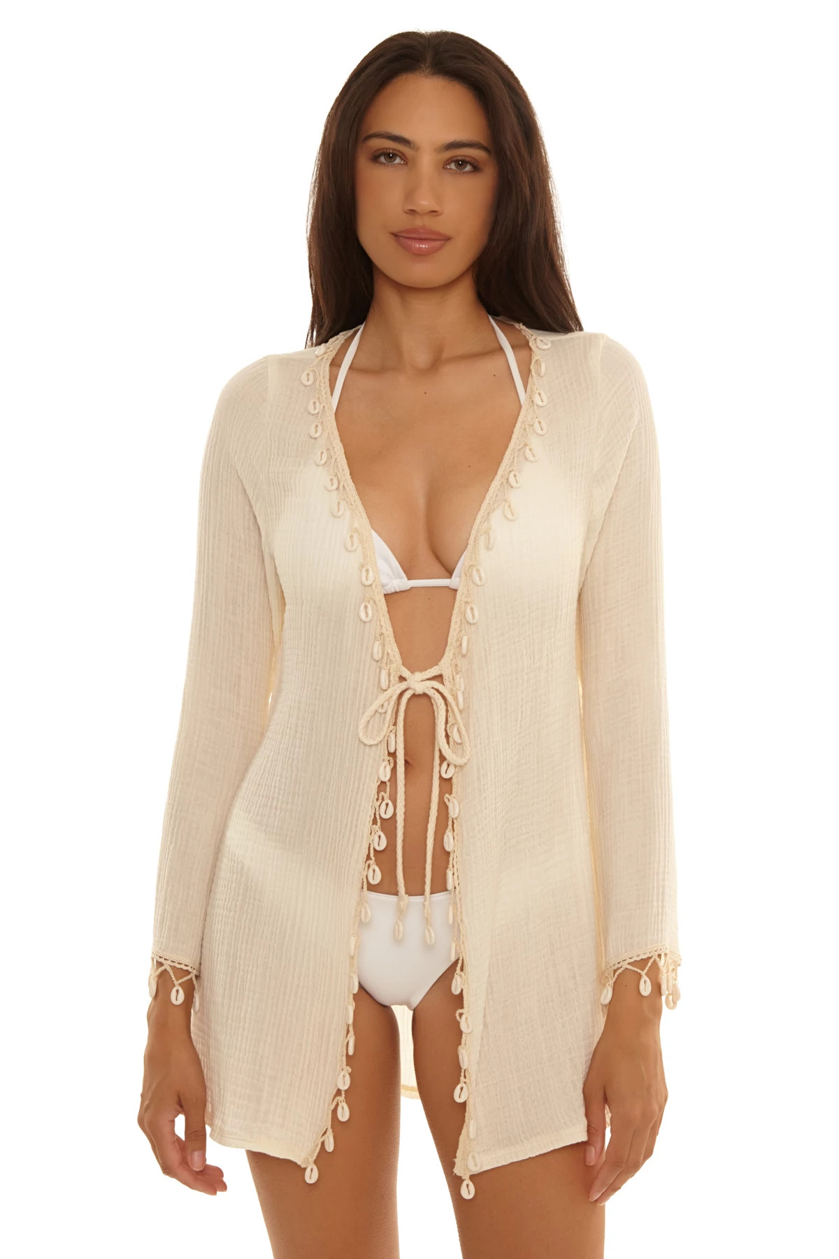 NATURAL Long Sleeve Shell Trim Tunic Cover Up image number 1