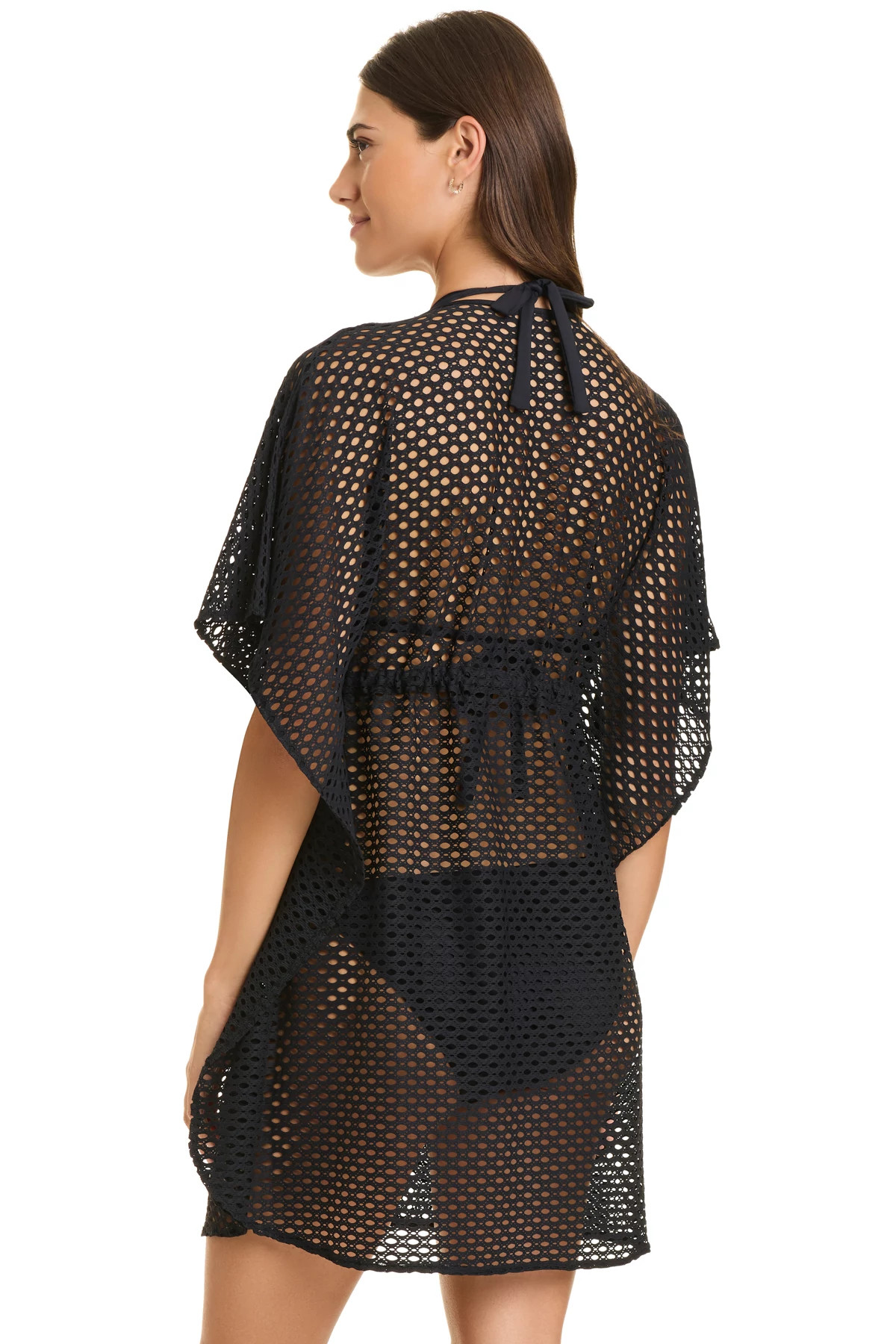 BLACK Open Knit Plunge Tunic Cover Up image number 2