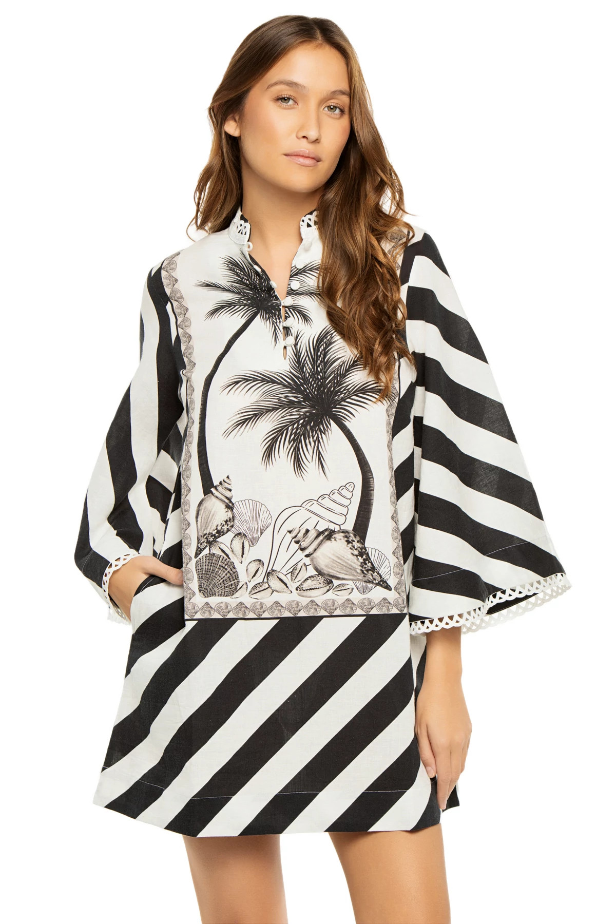 BLACK AND WHITE PALM PANEL Mini Caftan Dress image number 1