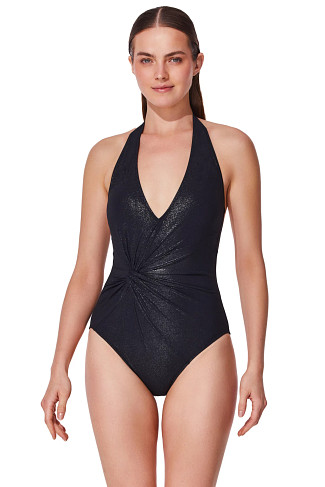 BLACK Shimmer Plunge Twist Halter One Piece