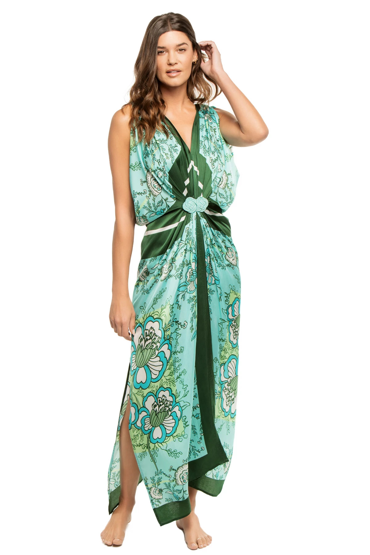 AQUA CHINTZ SCARF Hand Draped Long Gown image number 1