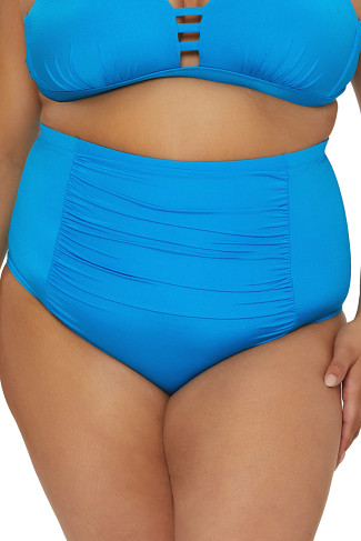 ADRIATIC BLUE Shirred High Waist Bikini Bottom
